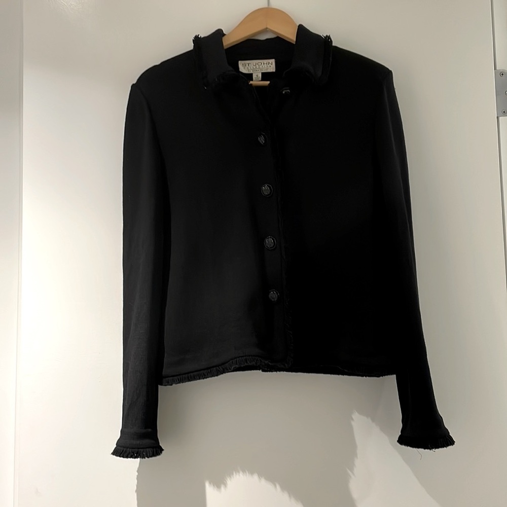 Beautiful St. John jacket in excellent condition with fringe embellishments!